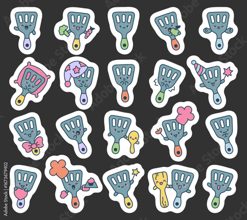 Spatula character set in kawaii cartoon style showing cooking moments, celebrations, relaxation, friendship, and kitchen activities with delightful utensil designs for your creative projects
