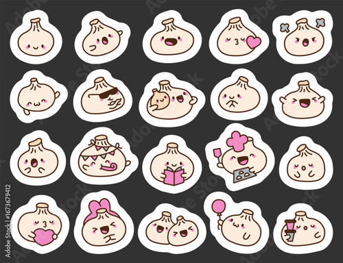Khinkali georgian dumpling character set with charming emotions including smiling, hugging, reading, cooking, celebrating, and enjoying various traditional meal moments for design projects
