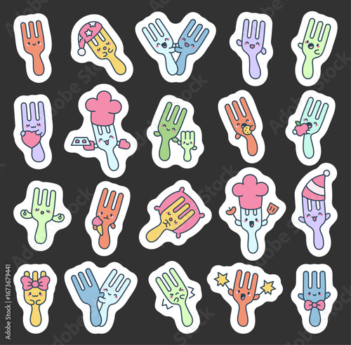 Fork character set showing showing different emotions, poses and actions like cooking, sleeping, hugging, celebrating, eating desserts, and enjoying adorable everyday moments together