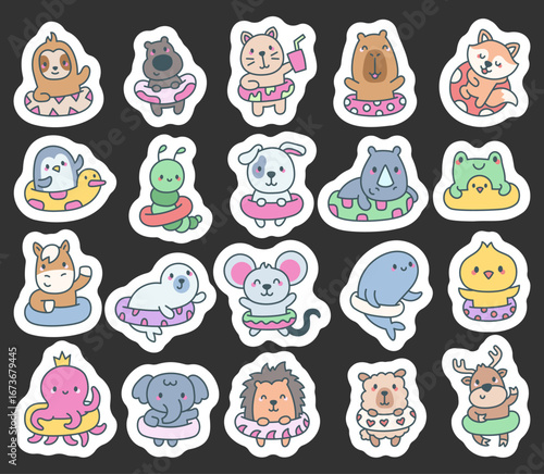 Cute animal kawaii character set with swimming rings enjoying summer activities and relaxing moments during vacation at the beach or by water perfect for your designs projects