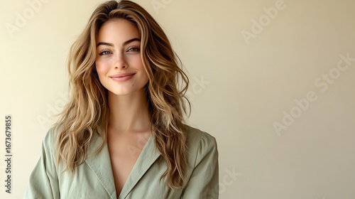 Good-looking fair-haired woman dressed in a light olive green casual set, cheerful and serene expression, pale cream background .