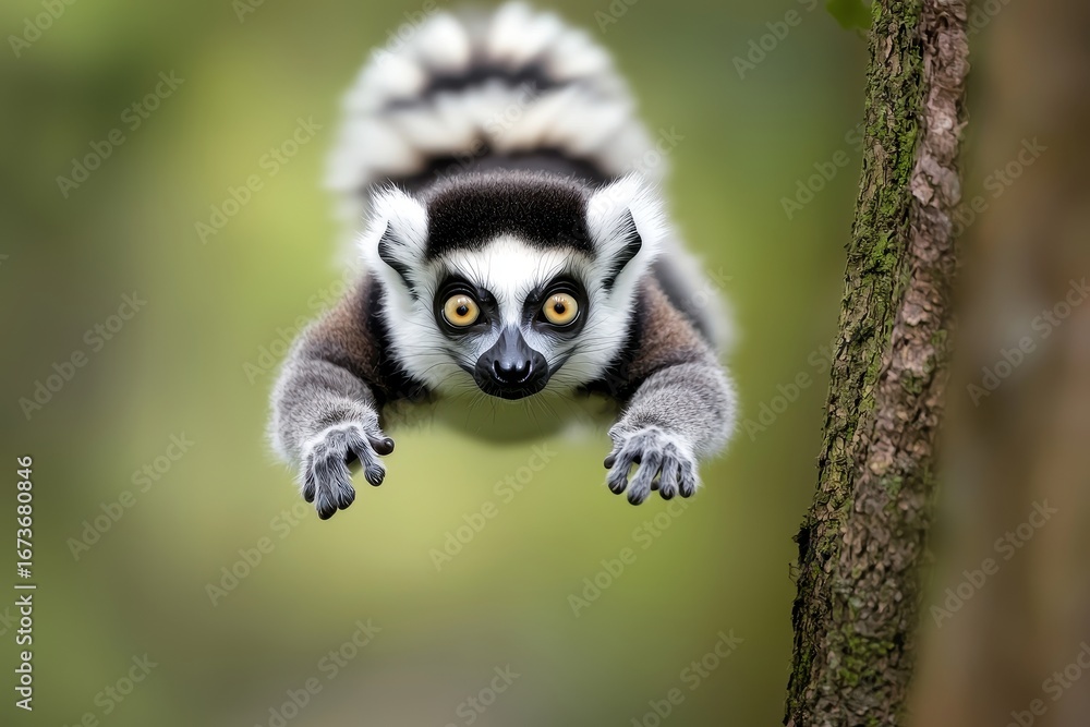 Fototapeta premium A lemur leaps through the air, showcasing its agility and distinct markings against a blurred green background.