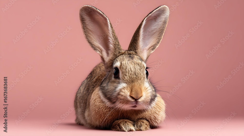 Obraz premium A close-up of a cute brown rabbit with large ears against a soft pink background, exuding a playful and gentle demeanor.
