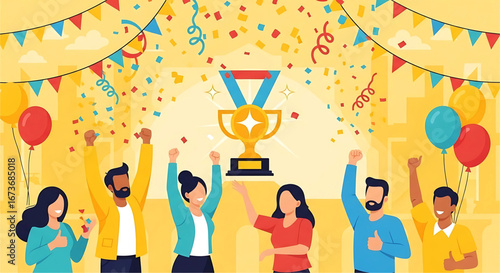 Triumph Celebration: A Diverse Group Rejoicing Together After Achieving Victory with a Golden Trophy, Confetti, Balloons, and Festive Decorations