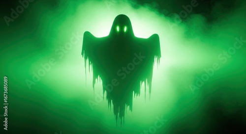 Spooky green ghost silhouette against a hazy backdrop, perfect for Halloween
