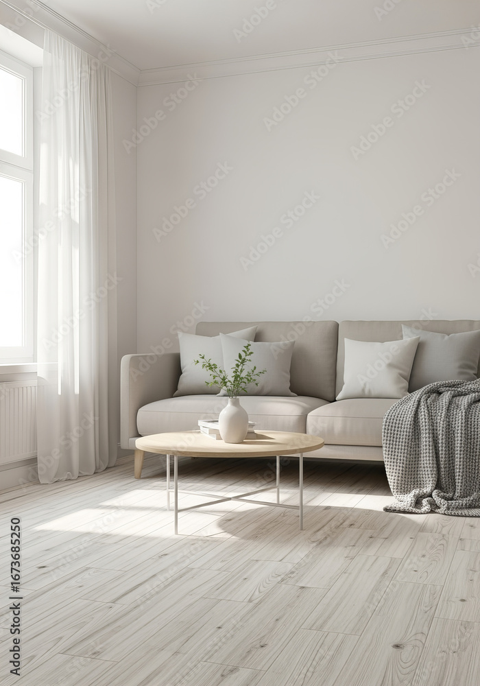Obraz premium Minimalist living room with light wood floor and daylight 