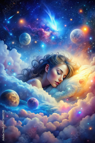 Cosmic Dream. Surreal digital art depicting a sleeping woman among clouds and planets. Great for fantasy poster, meditation and relaxation materials, digital wallpapers and creative design.