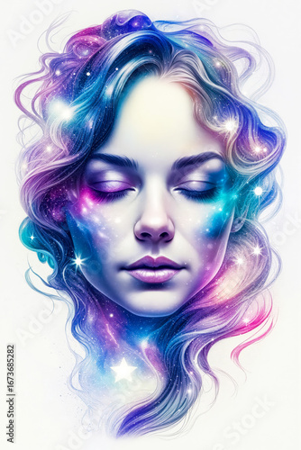 Cosmic portrait of a woman in starlight, her hair blending with glowing galaxies and stars. Great for book covers, posters, advertising, and fantasy illustrations.