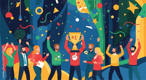 A vibrant illustration depicting a team celebrating victory with a golden trophy, confetti, and joyful expressions, symbolizing achievement