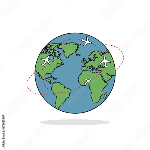 Illustrated Globe with Airplanes and Dotted Flight Paths