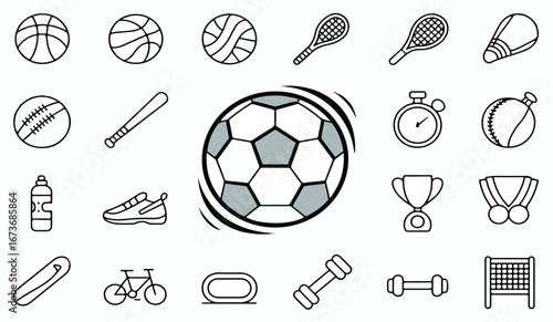 sports equipment, soccer ball, tennis racket, cycling, fitness icons, sports trophy, athletic gear, workout accessories, gym equipment, fitness activities, sports gear, outdoor vector illustration