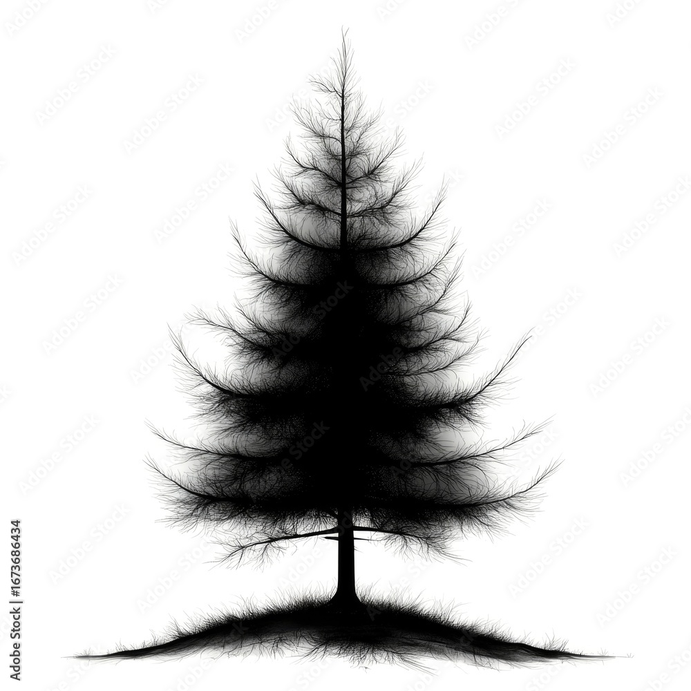 Fototapeta premium Silhouette of lone pine tree on hill against white background