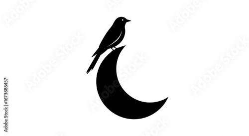 Silhouette of a small bird perched on a crescent moon.
