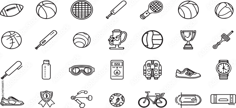Fototapeta premium school children Sports Equipment and Fitness Icons with Balls, Bats, Bikes, and Trophies for Active Lifestyle, tropie,soccer and many more vector illustration 