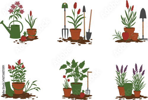 Gardening illustration with potted plants, flowers, watering can, vegetables, garden tools, outdoor planting, spring garden care, nature growth concept, horticulture design, eco lifestyle vector