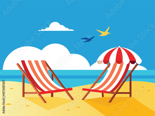 Summer Holiday Banner with Striped Deck Chairs