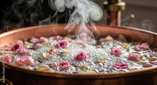 Fragrant rose petals boiling in copper distillation pot creating aromatic steam for essential oil production close up view of traditional floral extraction process