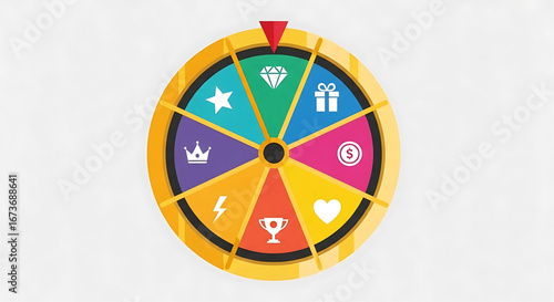 Vibrant fortune wheel graphic with diverse icons, representing opportunities for winning various prizes, ideal for online games or promotional
