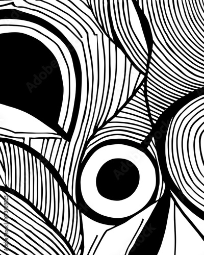 Abstract Black and White Line Art: Geometric Pattern, Swirls, and Circles Design