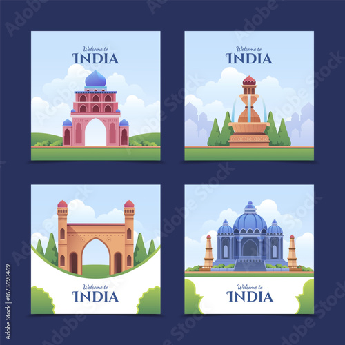 Flat Hand Drawn Vibrant and Colorful Indian Monuments Mini Composition Collection