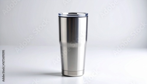 Stainless Steel Insulated Tumbler: A sleek, high-angle shot of a modern stainless steel insulated tumbler against a soft background, emphasizing its capacity and elegant design.
