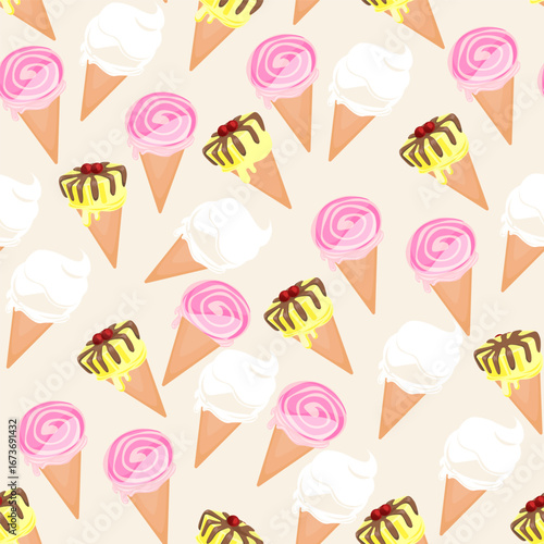 Ice cream seamless pattern. Vanilla cone, gelato Italian Cold dessert background. Vector doodle sketch wallpaper clipart for cafe, restaurant, food truck
