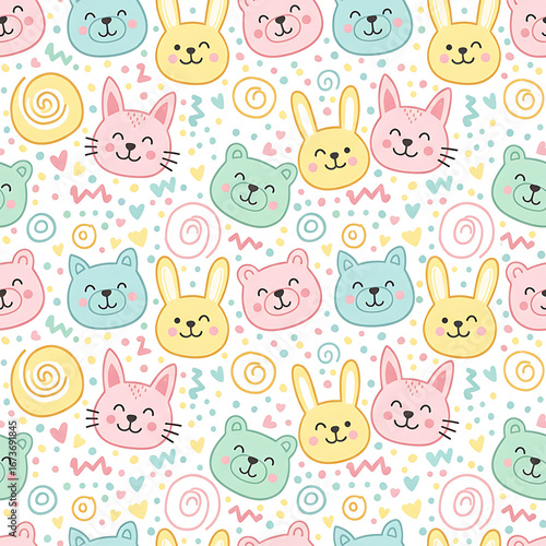 Seamless Kawaii Animal Pattern with Cute Bunny, Bear, and Kitty Faces in Soft Pastel Colors and Playful Hand-Drawn Style