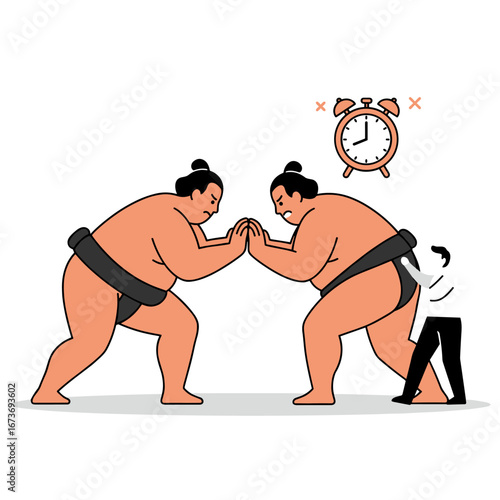 Sumo wrestlers fighting with alarm clock