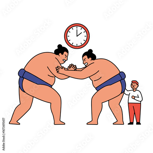 Two sumo wrestlers facing with clock