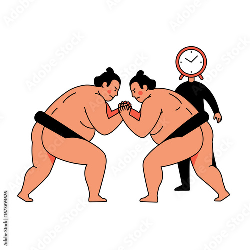 Sumo wrestlers with clock referee