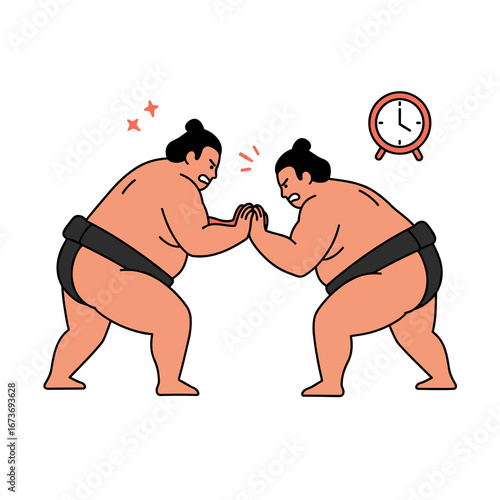 Two sumo wrestlers fighting with clock