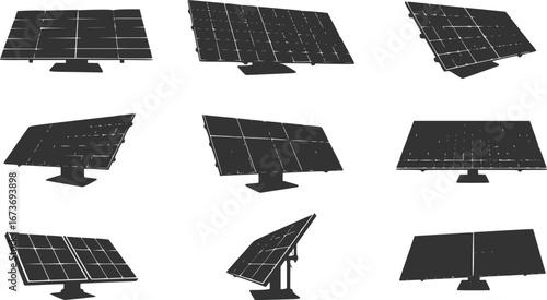 Solar panel silhouettes vector art. Black silhouettes of solar panels vector icons. Solar panel silhouettes icons for eco energy power. Vector solar panel silhouettes for renewable energy