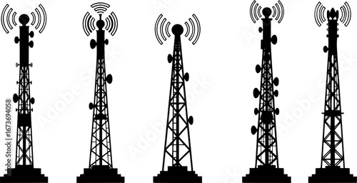 Tower wireless icon silhouettes. Communication tower icon vector. Set of wireless radio tower silhouettes. Black silhouettes of radio tower vector. Wireless tower silhouettes for business networking