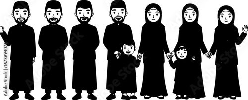 A joyful Muslim family celebrating Eid in festive attire
