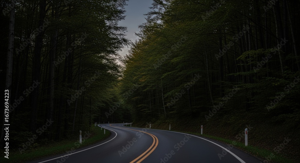 Fototapeta premium A winding mountain road leads through a stunning lush forest, perfect for adventure