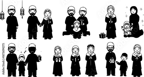 A joyful Muslim family celebrating Eid in festive attire
