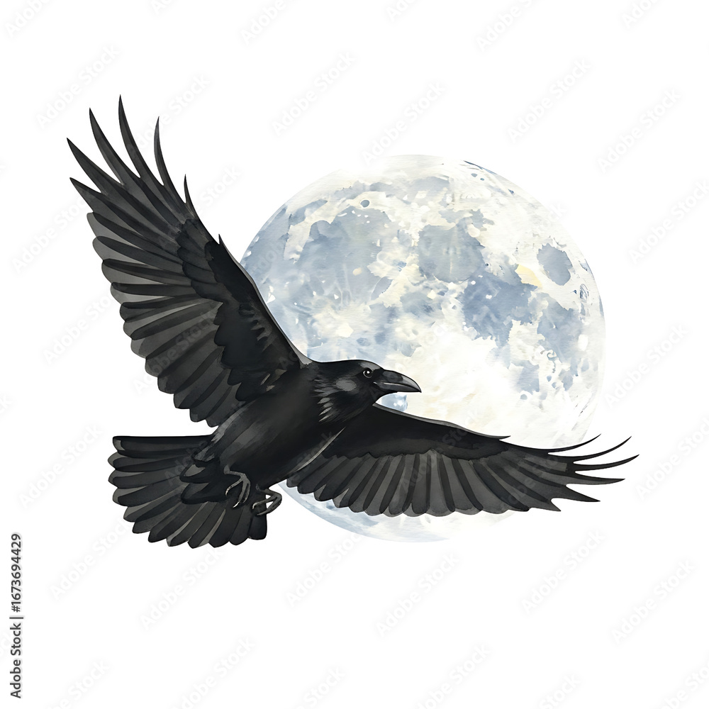Obraz premium Watercolor Painting of a Raven Flying in Front of the Full Moon