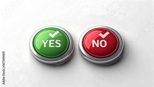 Title: Green yes button and red no button with check marks for decision making concept 
