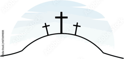 Three crosses on hill symbolizing crucifixion of Jesus Christ on Good Friday
