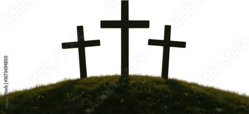 Three crosses on hill symbolizing crucifixion of Jesus Christ on Good Friday
