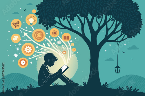 Child absorbed in a luminous book beneath a vibrant, ancient tree, symbolizing enlightenment.
