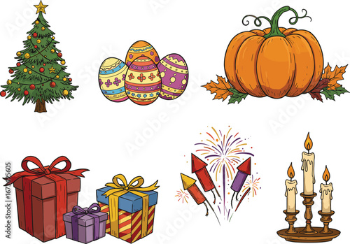 Colorful festive holiday illustration showing Christmas tree, Easter eggs, Halloween pumpkin, gift boxes, fireworks, and candles for seasonal decoration and celebration design