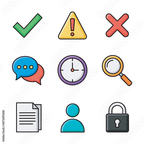 Colorful icons represent information on a white background display