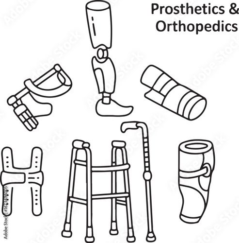 Artificial Limb and Orthopedic Doodle Icon Pack – Prosthetics, Mobility Aids, and Support Equipment