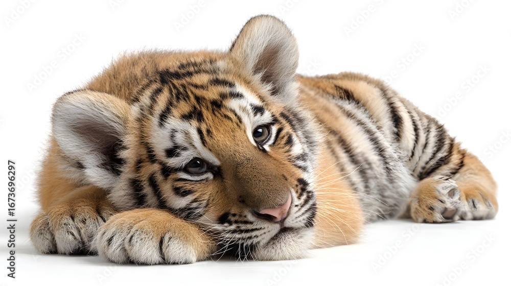 Obraz premium Tiger cub lying down isolated on clean white background
