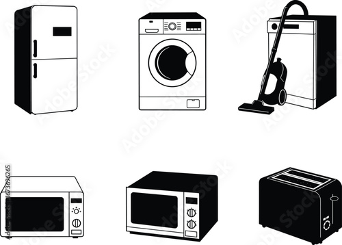 Black and white silhouette illustration of home kitchen and household appliances including refrigerator, washing machine, vacuum cleaner, microwave oven, toaster, dishwasher for modern lifestyle