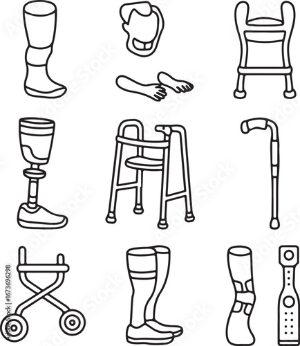 Mobility and Prosthetic Care Vector Line Icons – Artificial Limbs, Orthopedic Supports, and Tools