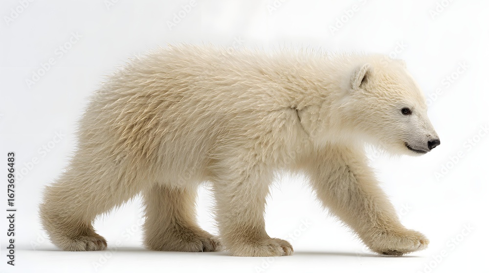 Fototapeta premium Polar bear cub walking isolated on clean white background