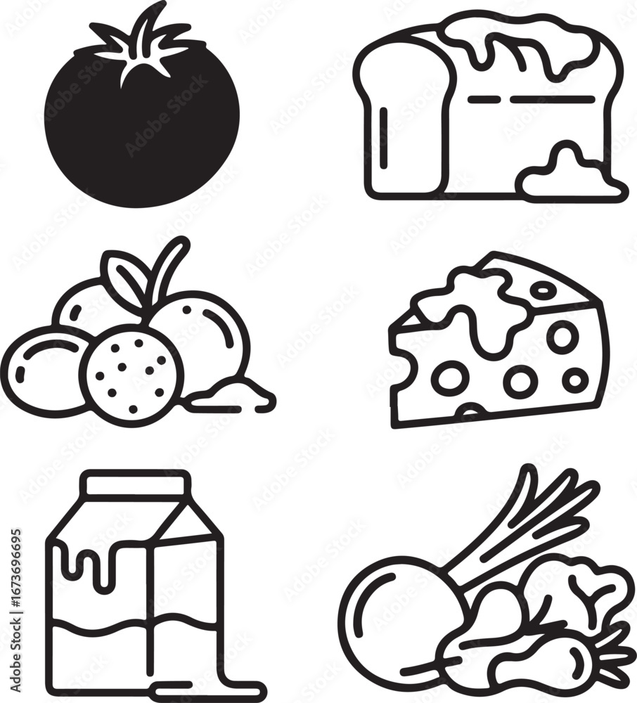 Fototapeta premium Spoiled Food Outline Icon Pack – Moldy Ingredients, Rotten Produce, and Food Waste