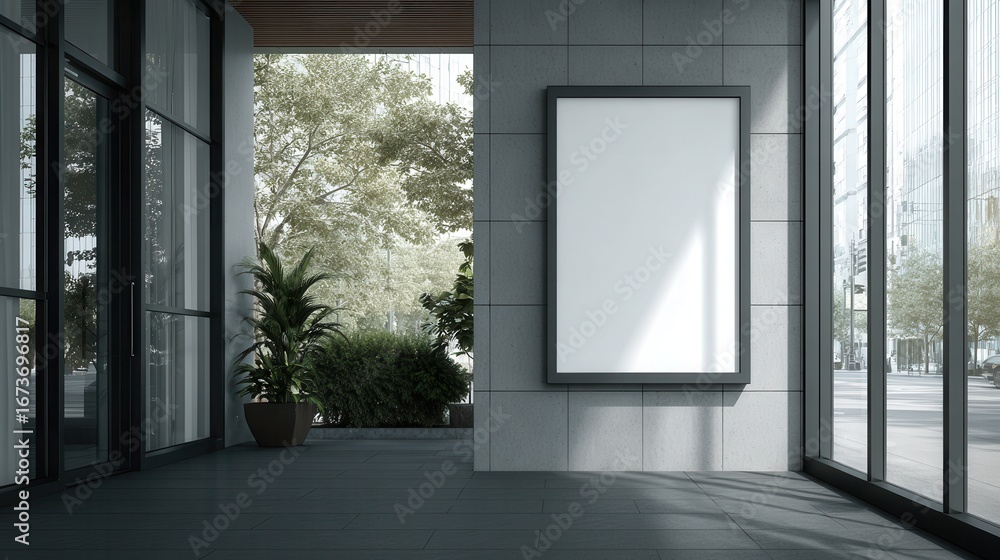Fototapeta premium Beautiful photo of create a mockup image for a white poster displayed at the entrance to a gaming store, minimalist, daylight.